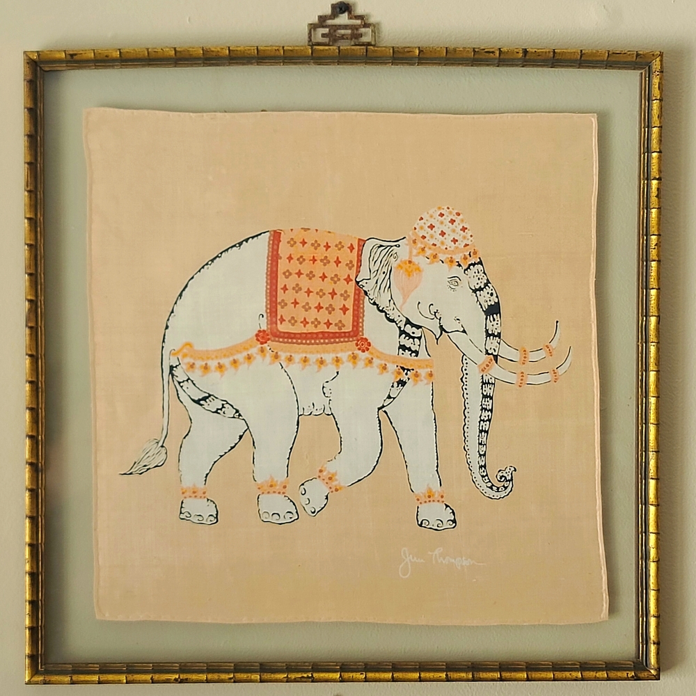 Vtg Jim Thompson Signed Framed Silk Elephant Scarf